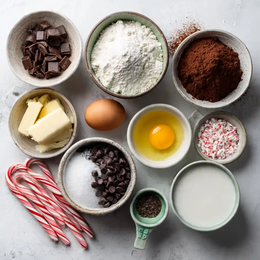 flat lay of ingredients for peppermint brownie bites recipe