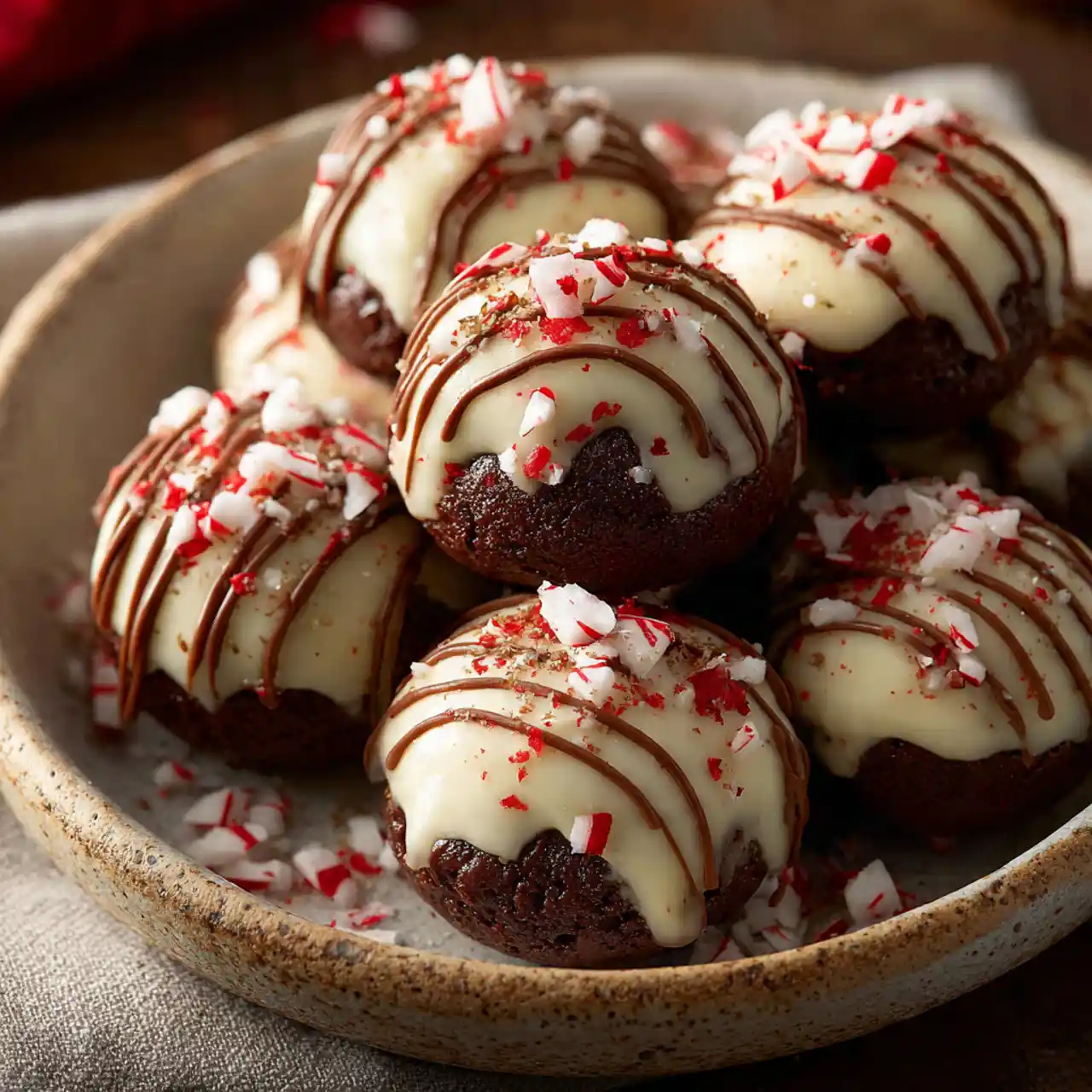 peppermint brownie bites topped with crushed candy canes