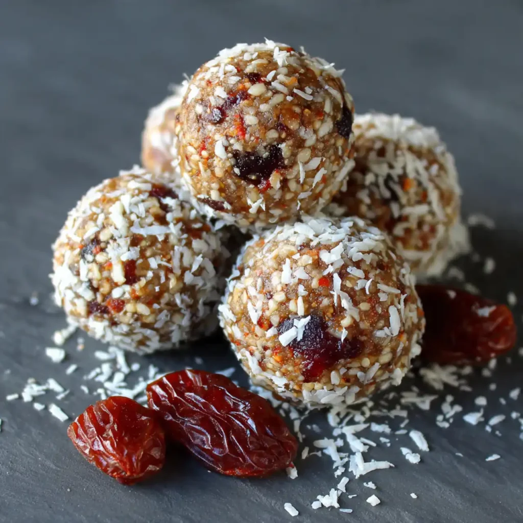5 Ingredient Protein Energy Balls 3 Coconut-covered energy balls with dried fruit