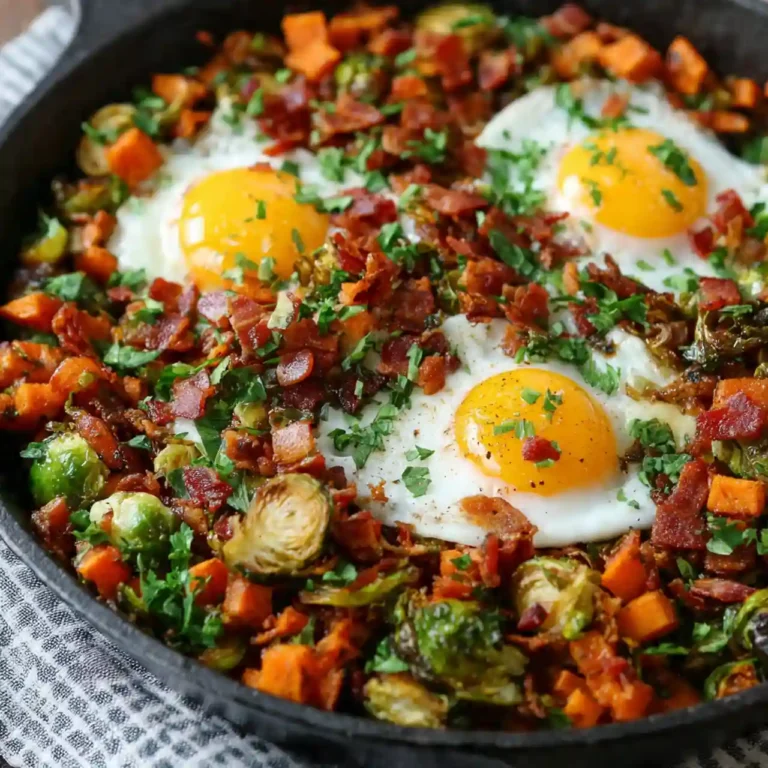 quick sweet potato brussel sprout hash in skillet