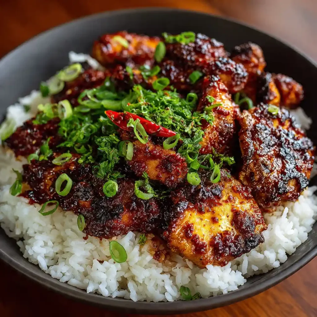 plated Korean spicy gochujang chicken with rice