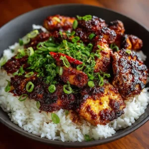 plated Korean spicy gochujang chicken with rice