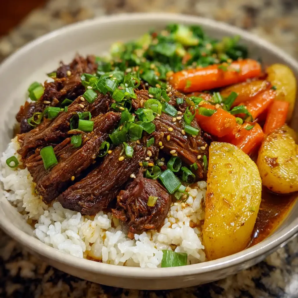 Korean Style Pot Roast Recipe 3 plated Korean style pot roast with rice
