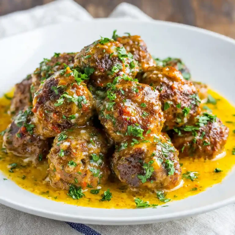slow cooker garlic butter meatballs with melted butter and herbs