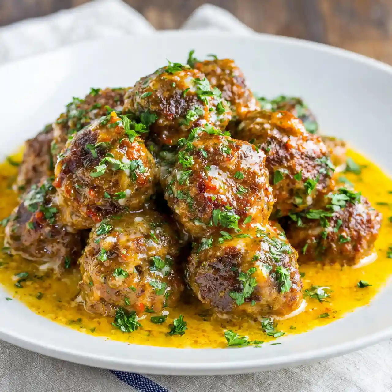 slow cooker garlic butter meatballs with melted butter and herbs