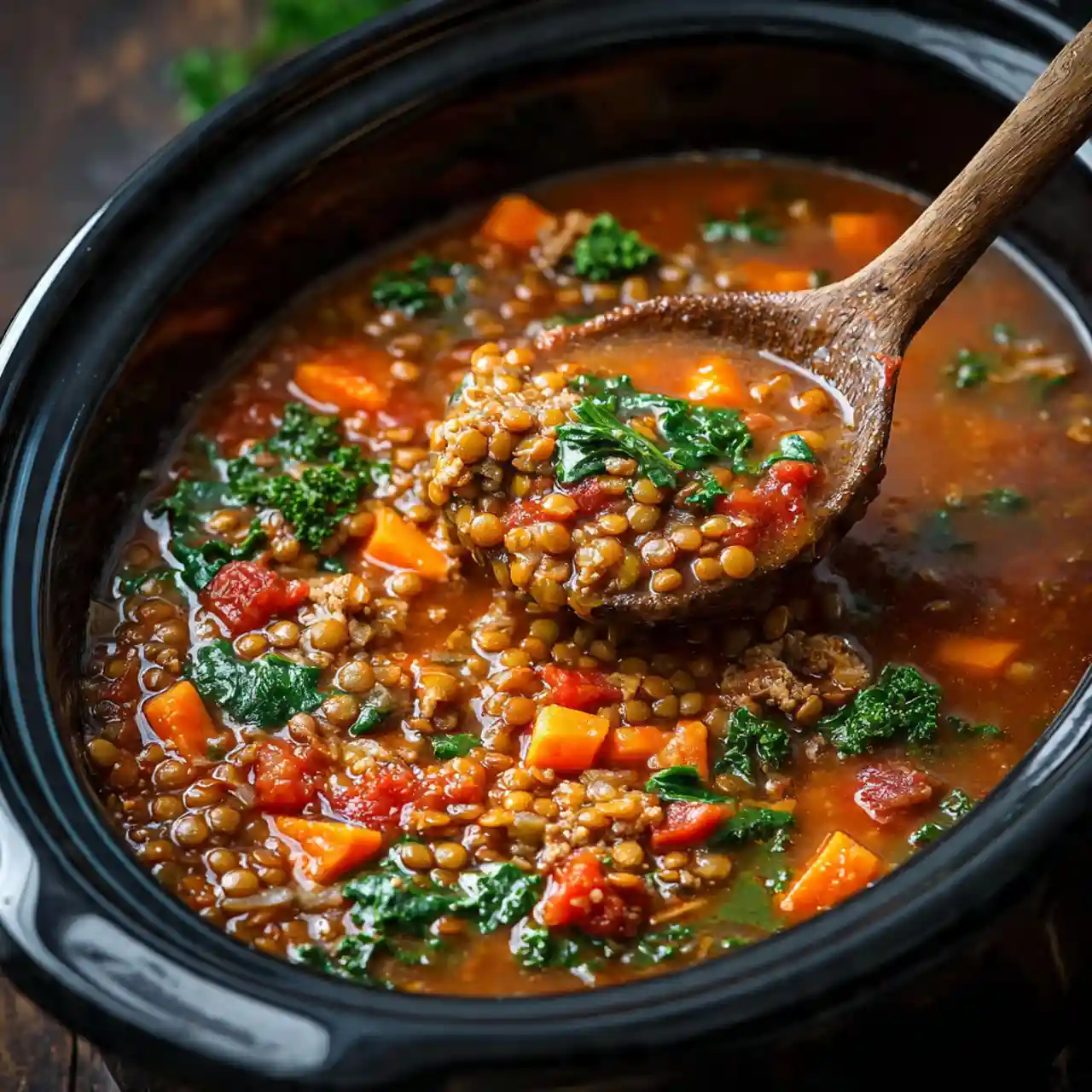 slow cooker sausage lentil soup in bowl