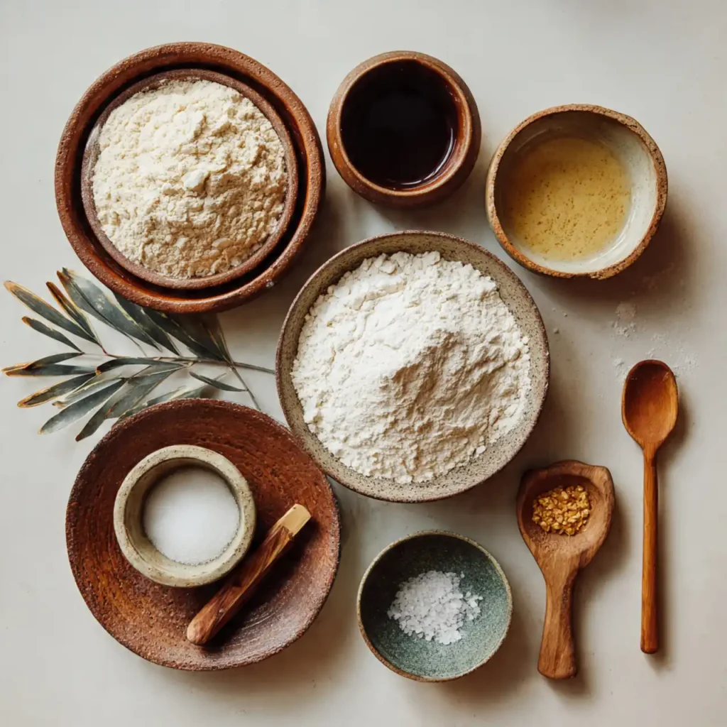 sourdough bread ingredients flat lay with flour starter water and salt