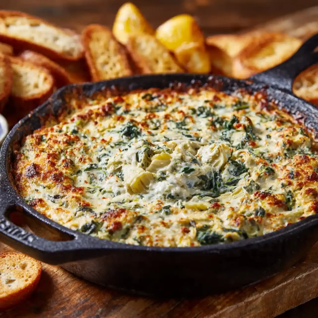 creamy spinach and artichoke dip close up