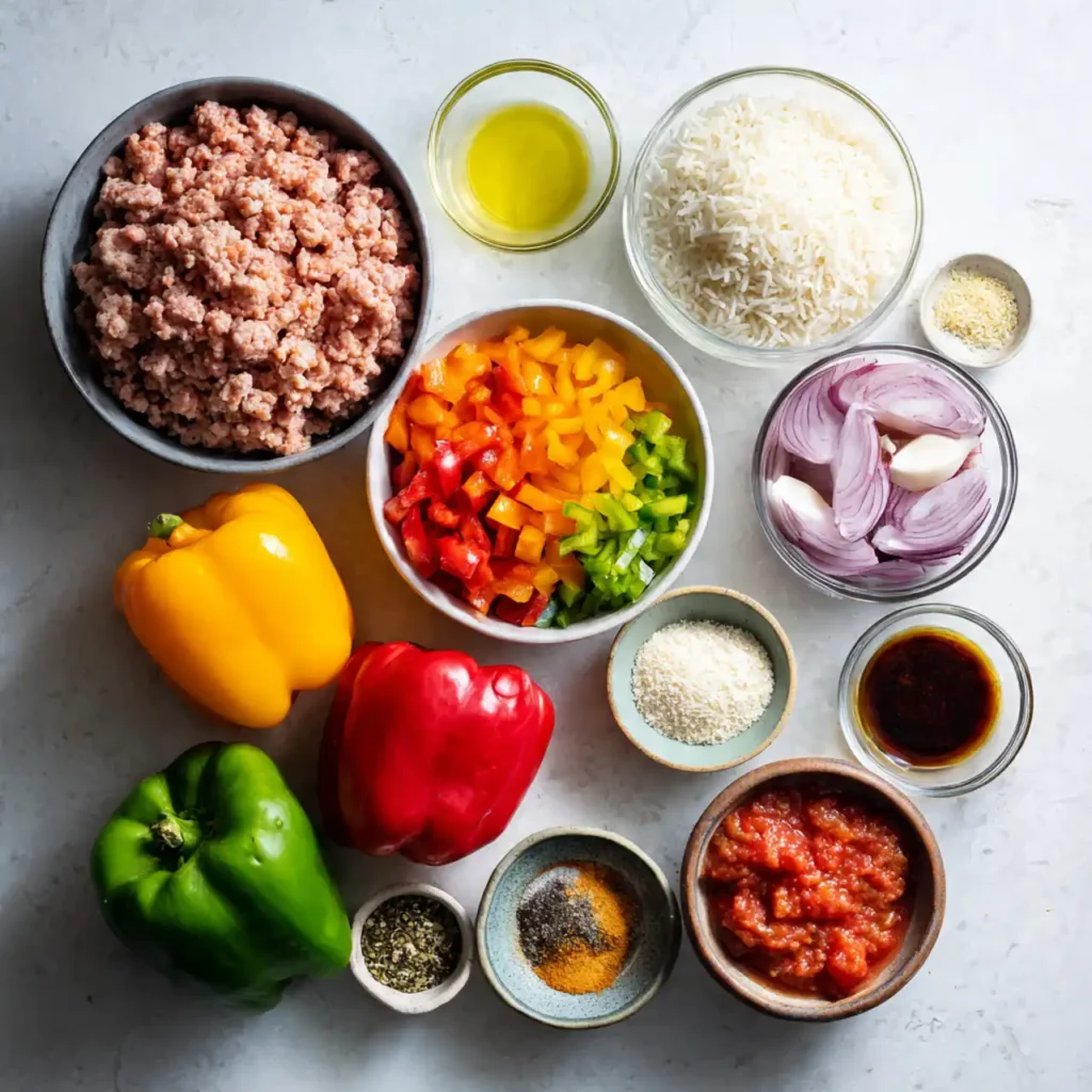 ingredients for stuffed bell pepper soup with ground turkey