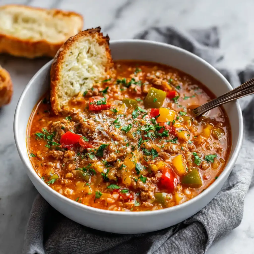 stuffed bell pepper soup served with bread