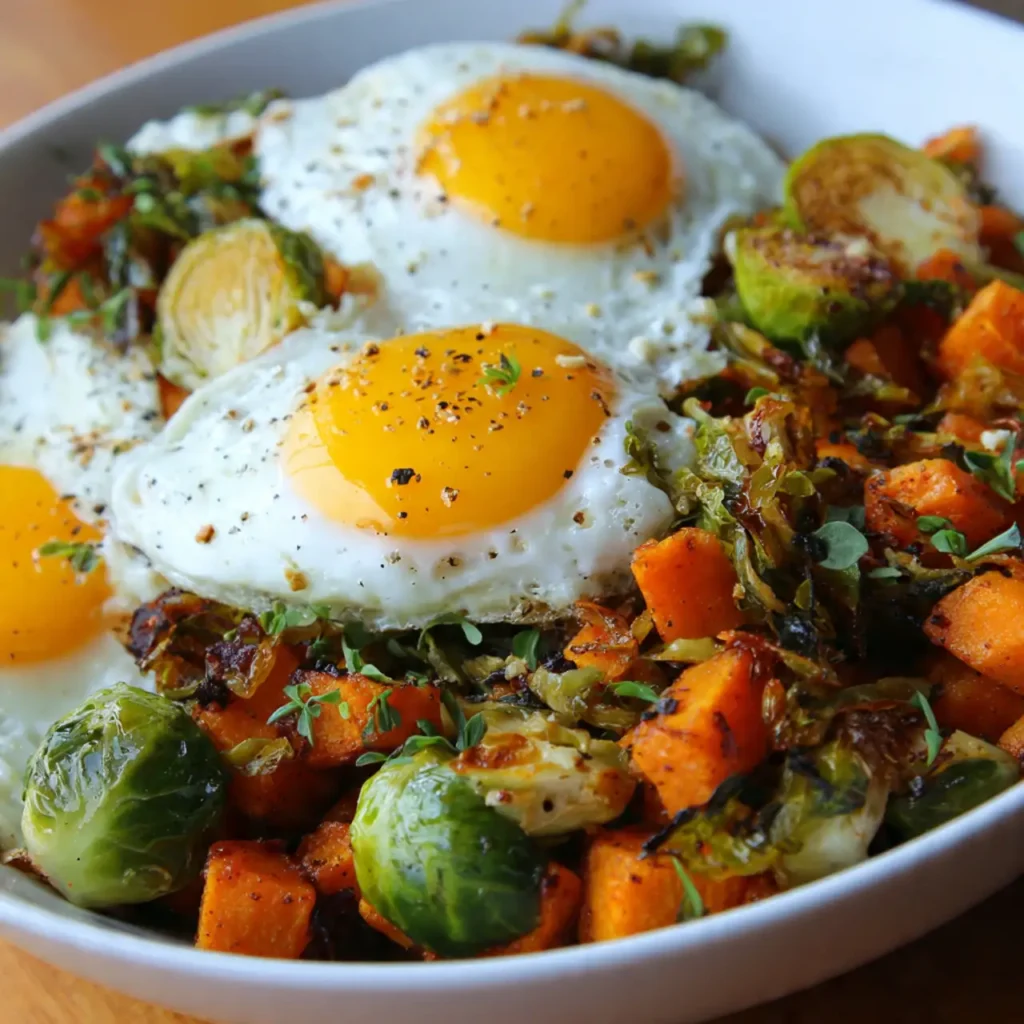 crispy sweet potato brussel sprout hash close up