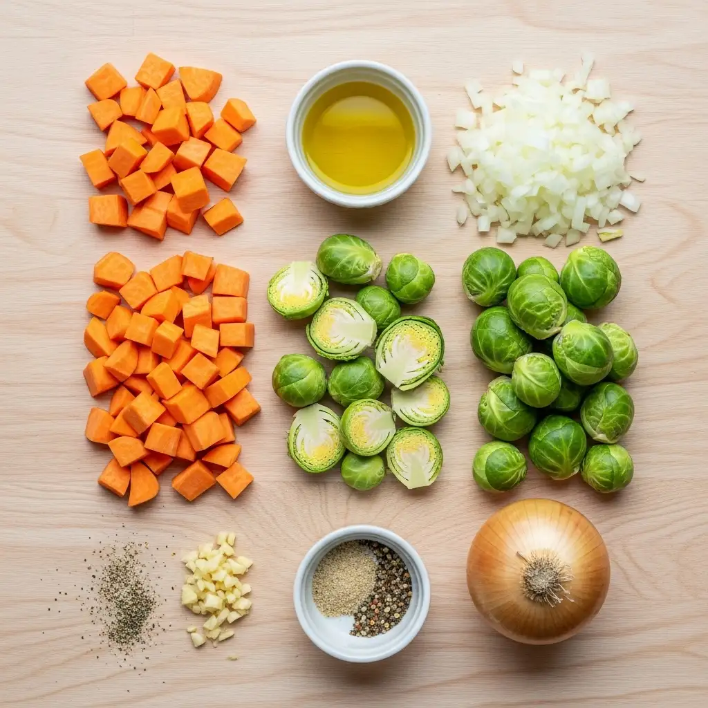 ingredients for sweet potato brussel sprout hash