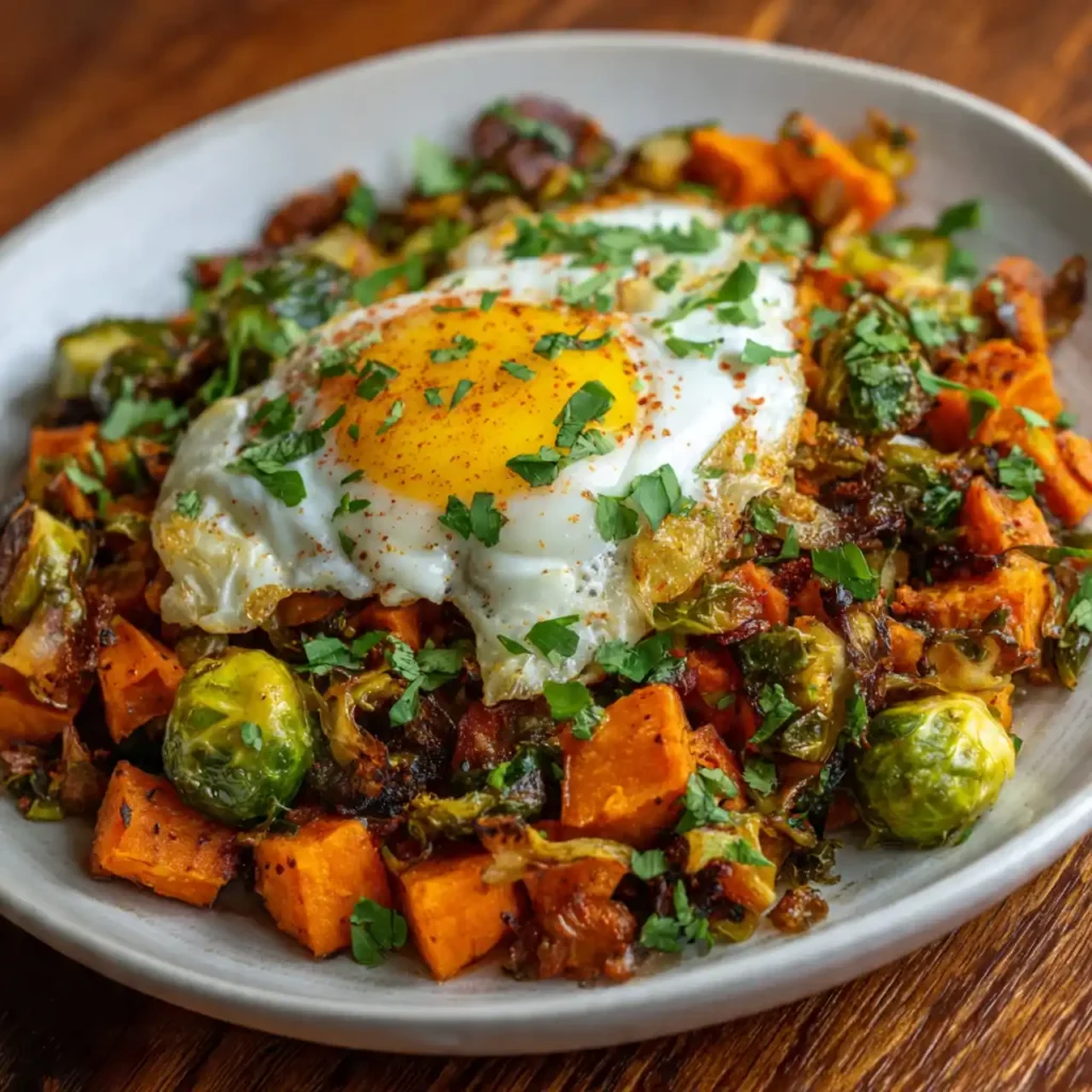 sweet potato brussel sprout hash with egg
