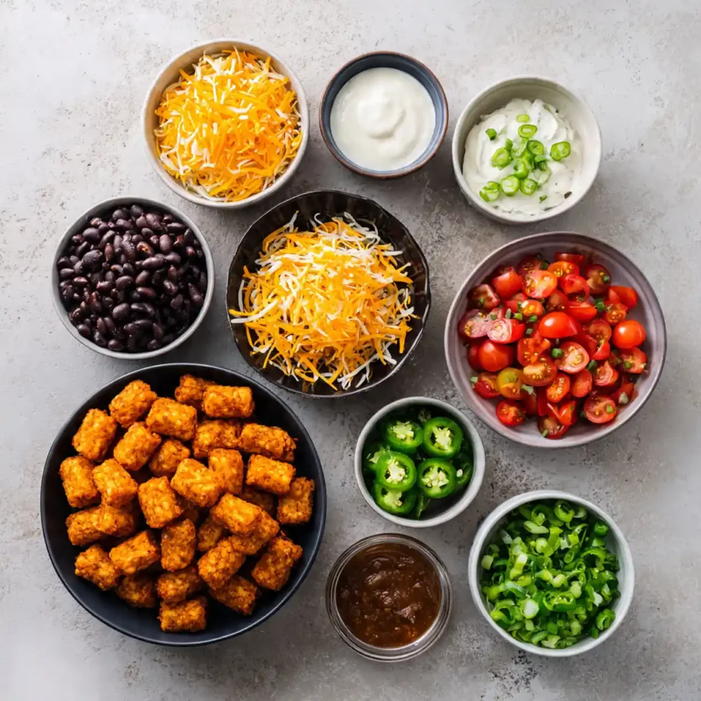 ingredients for sweet potato tater tot nachos flat lay
