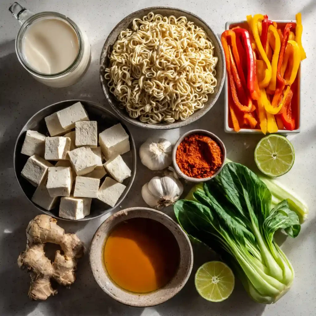 ingredients for vegan thai red curry ramen arranged overhead