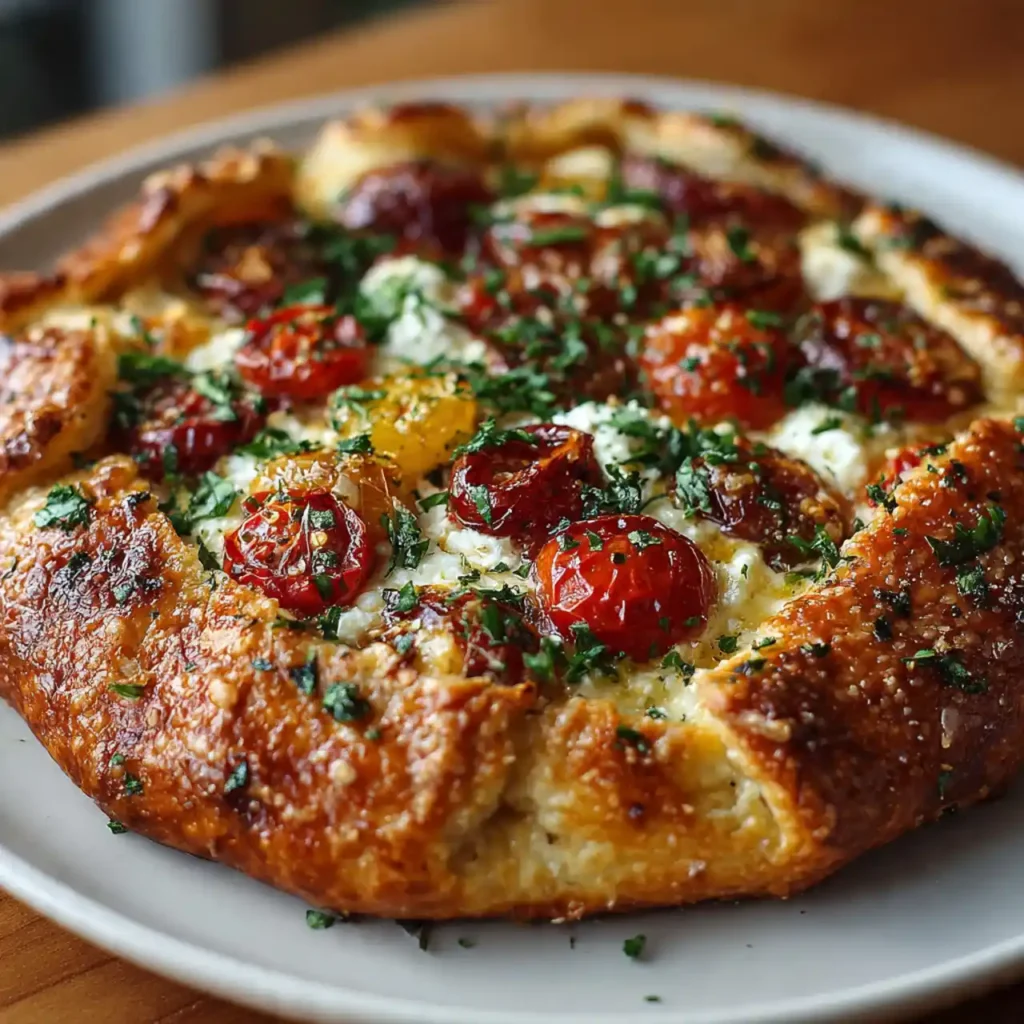 close up tomato basil galette with goat cheese