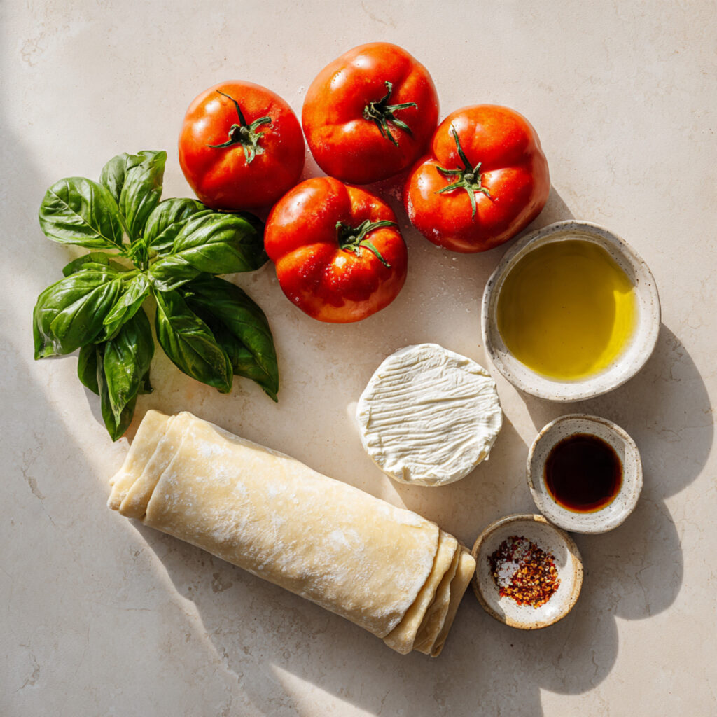 ingredients for easy tomato basil galette with goat cheese
