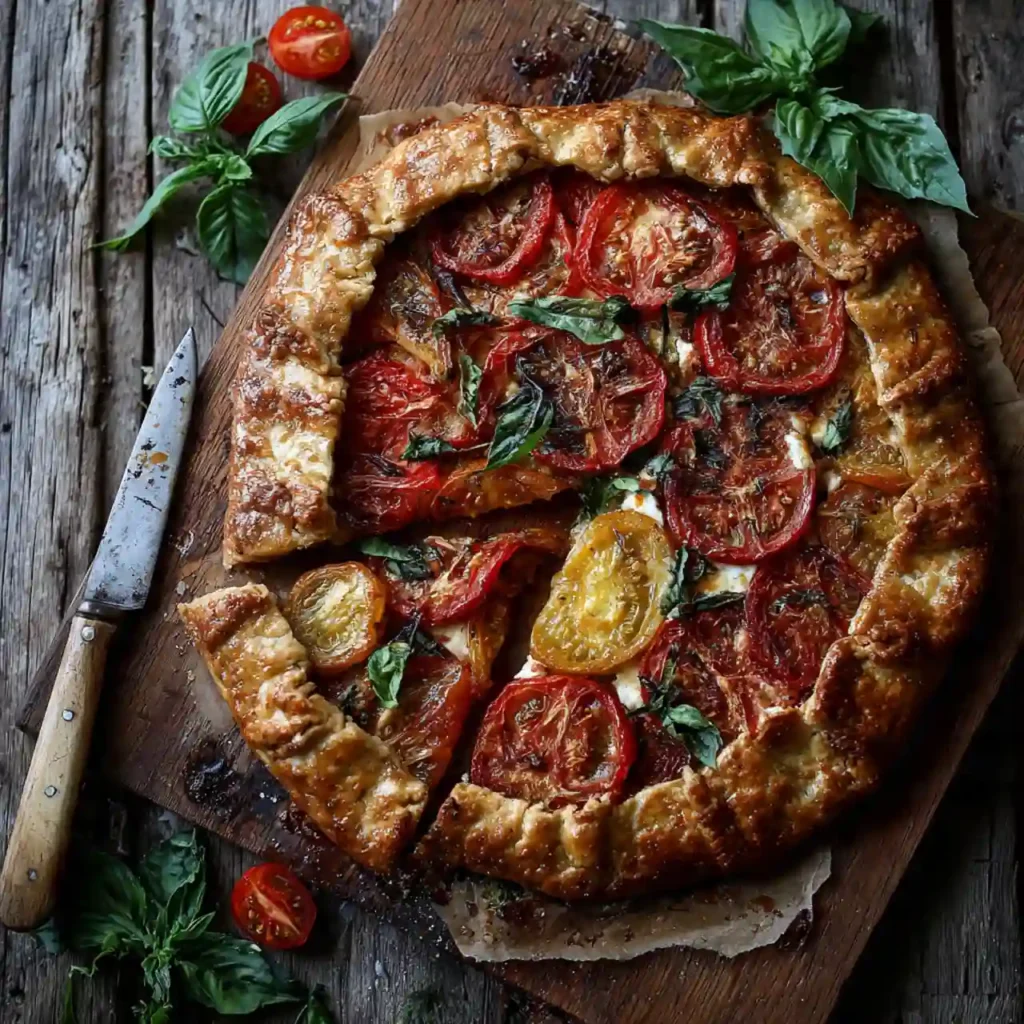 easy tomato basil galette with goat cheese sliced