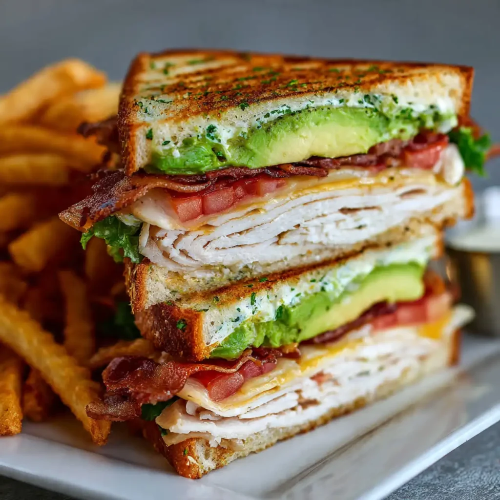 close up easy turkey avocado club sandwich layers
