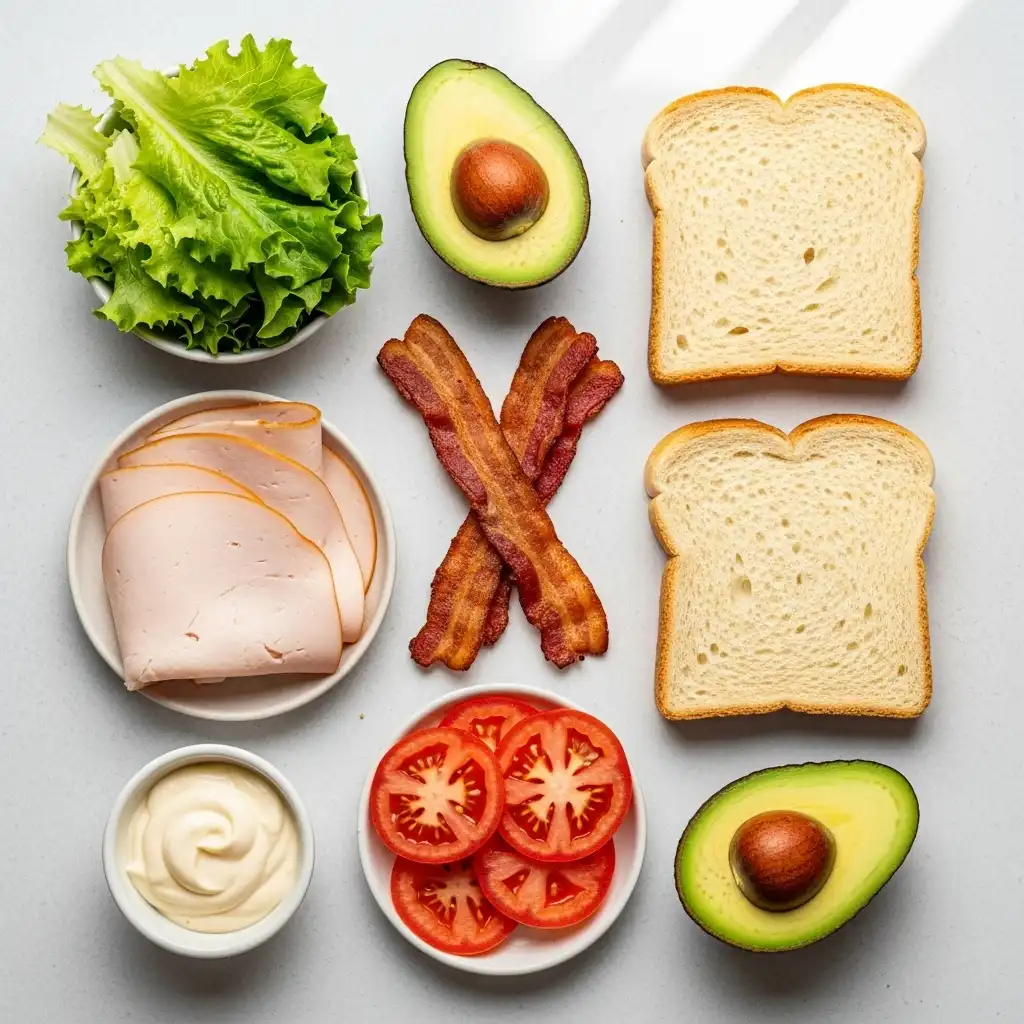 ingredients for easy turkey avocado club sandwich