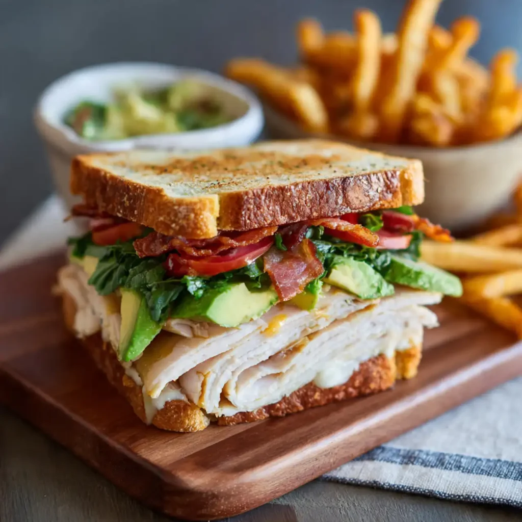 easy turkey avocado club sandwich served with chips
