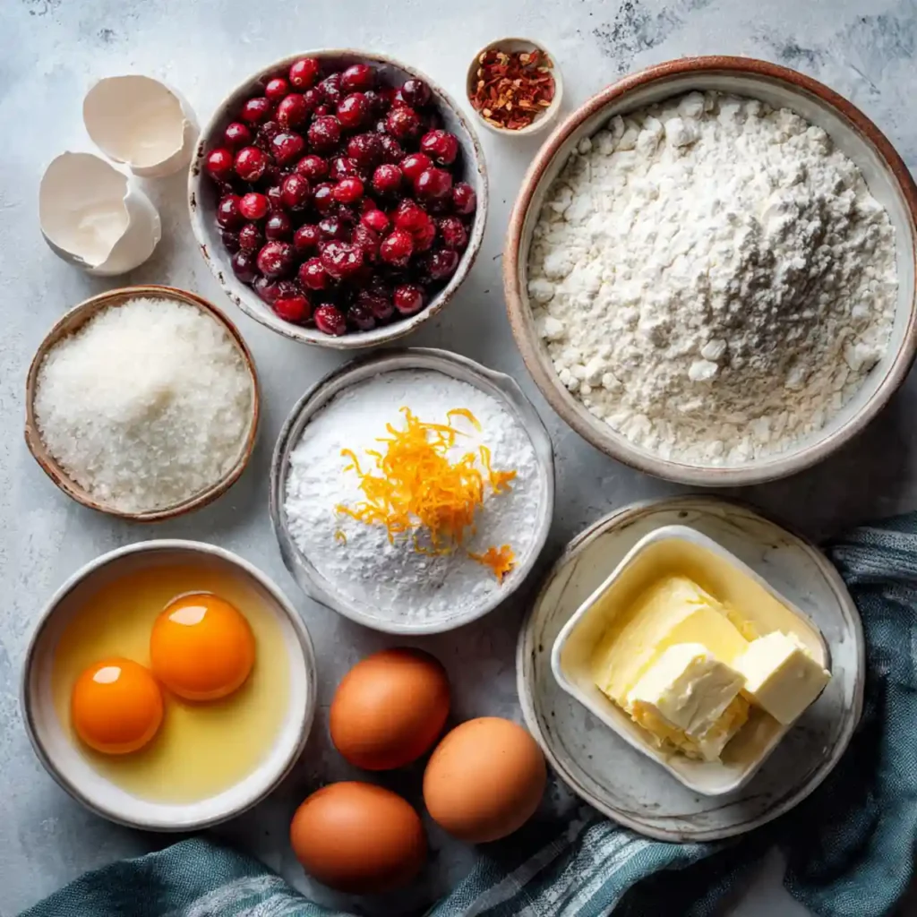 Ingredients for cranberry orange breakfast cake arranged neatly