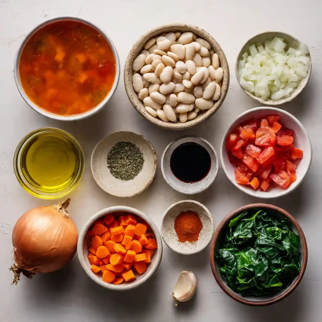 Easy Vegan Butter Bean Stew 2 Ingredients for vegan butter bean stew arranged overhead