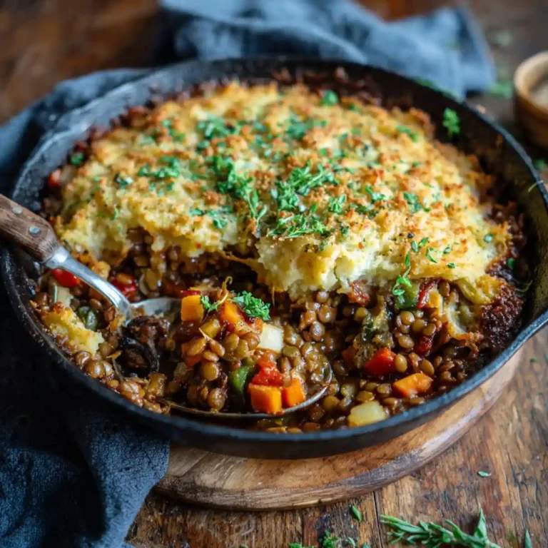 vegan lentil shepherd’s pie baked and ready to serve