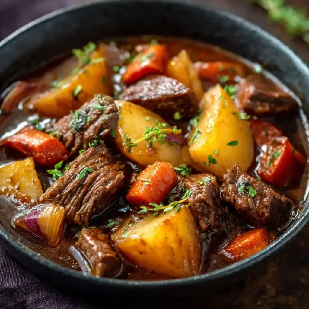 close up slow cooker venison stew with vegetables