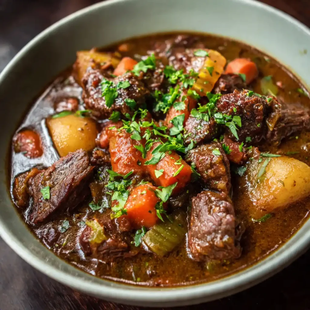 slow cooker venison stew served with garnish