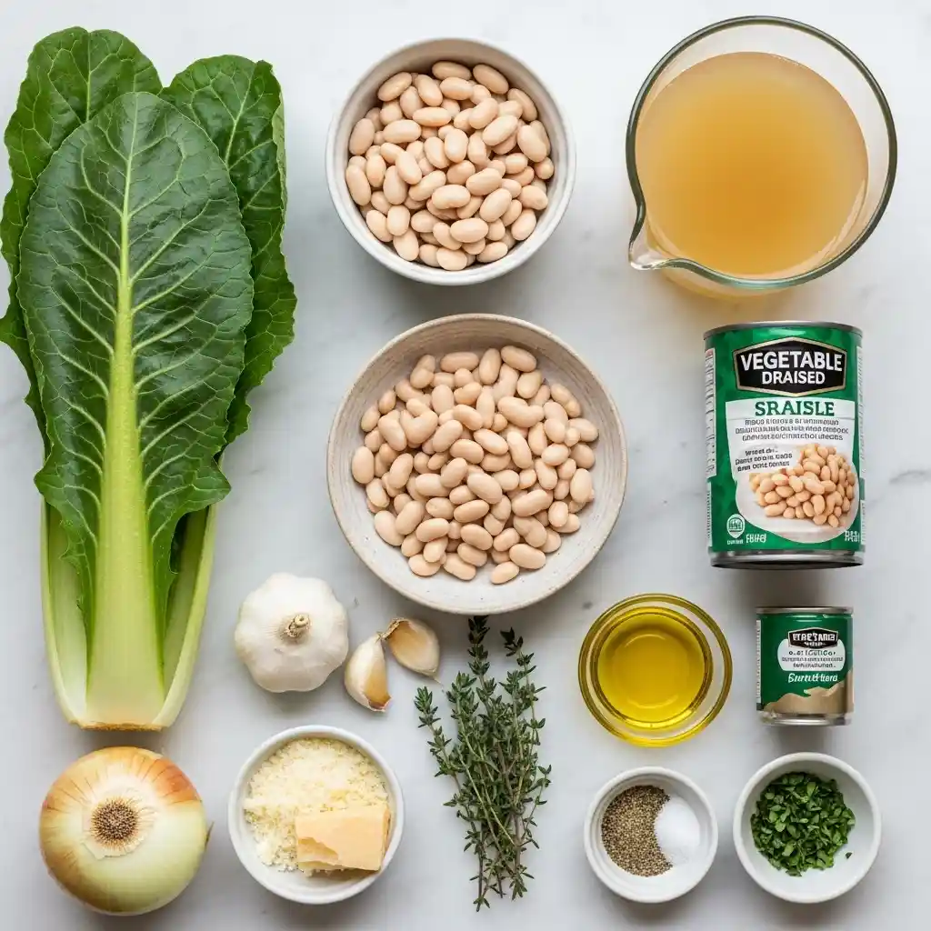 flat lay of ingredients for creamy white bean escarole soup with beans, escarole, garlic, broth, herbs