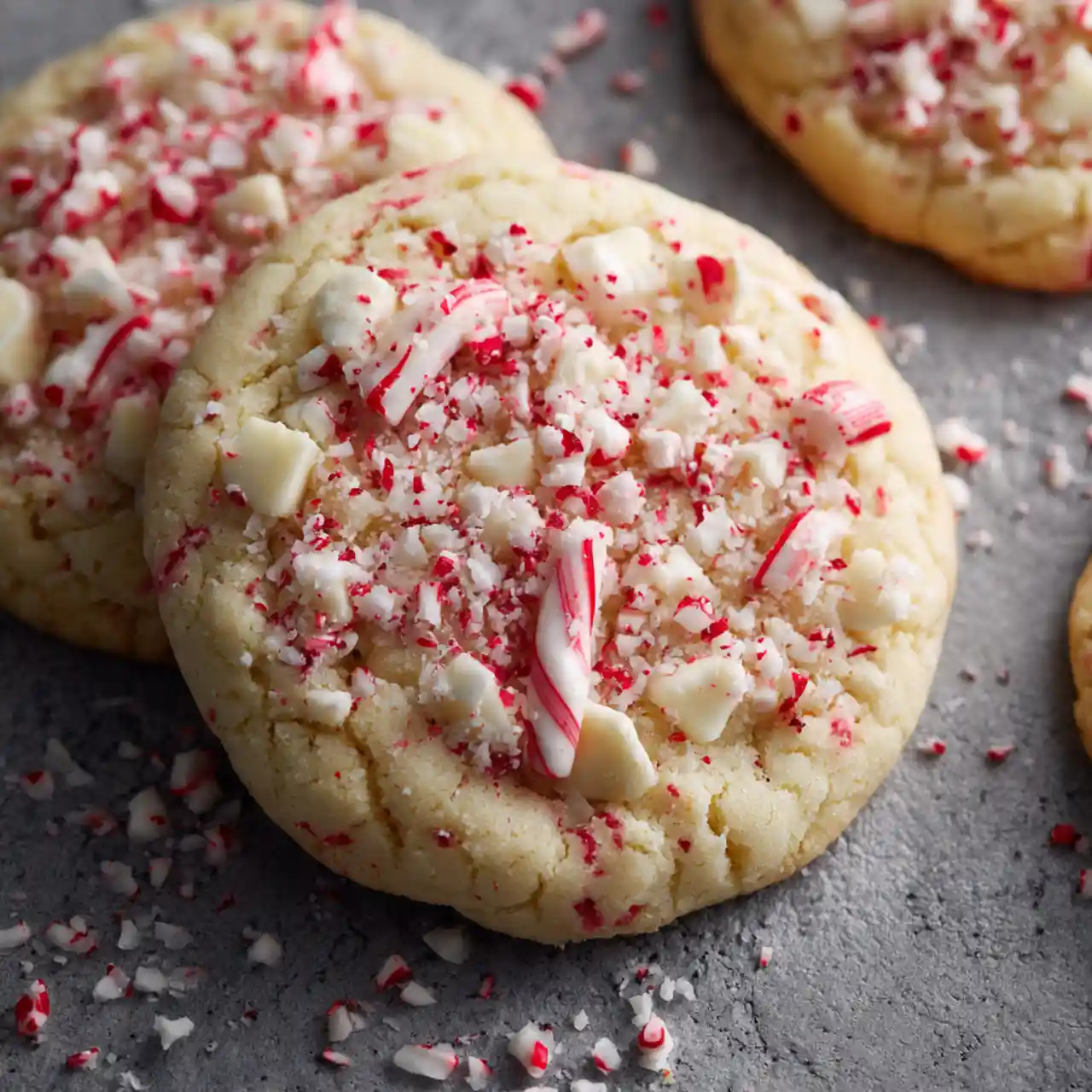 White Chocolate Candy Cane Cookies 1 White chocolate candy cane cookies on festive plate