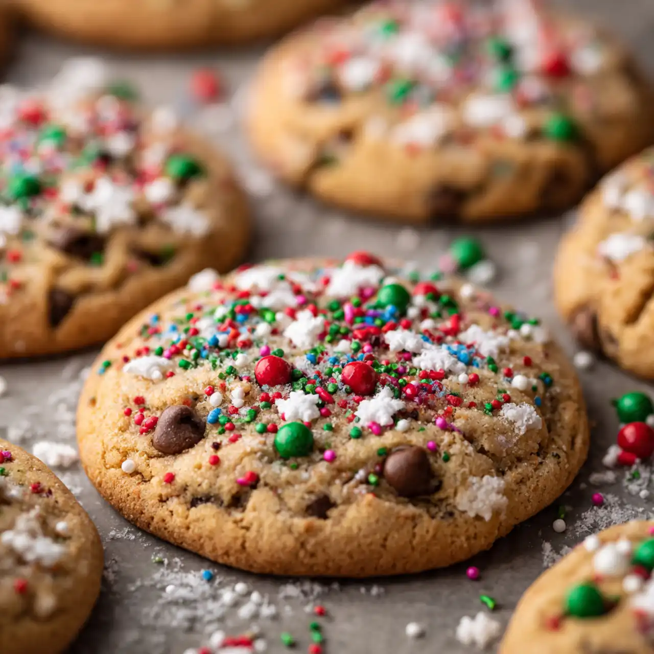 winter wonderland chocolate chip cookies with festive sprinkles