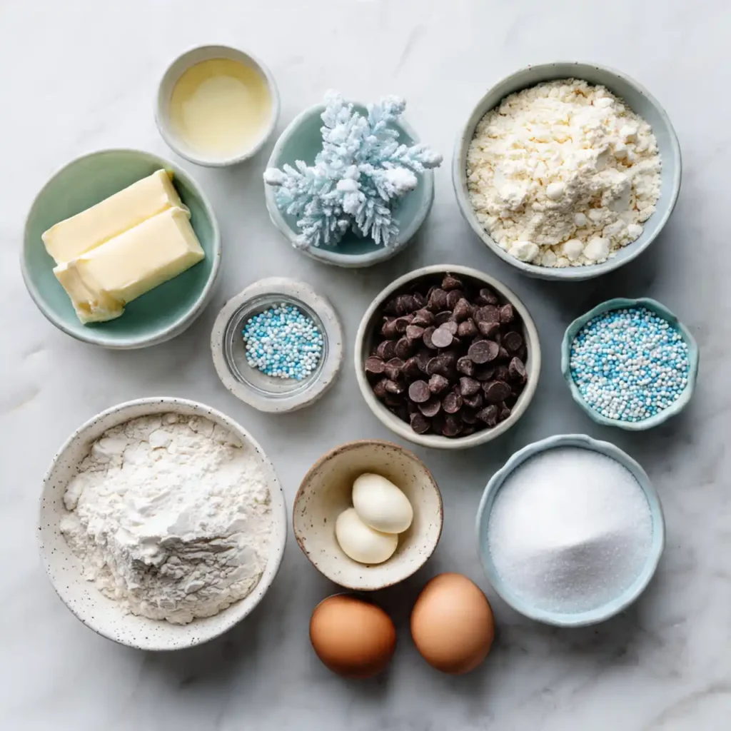 flat lay of ingredients for winter wonderland chocolate chip cookies
