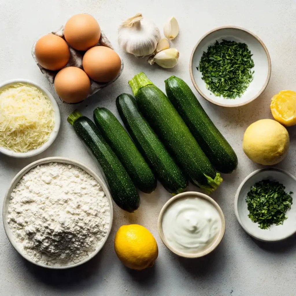 ingredients for crispy zucchini fritters with lemon yogurt