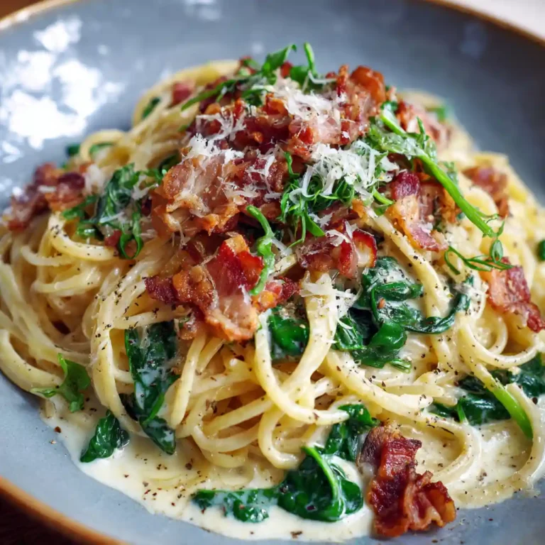 bacon and spinach pasta in creamy sauce