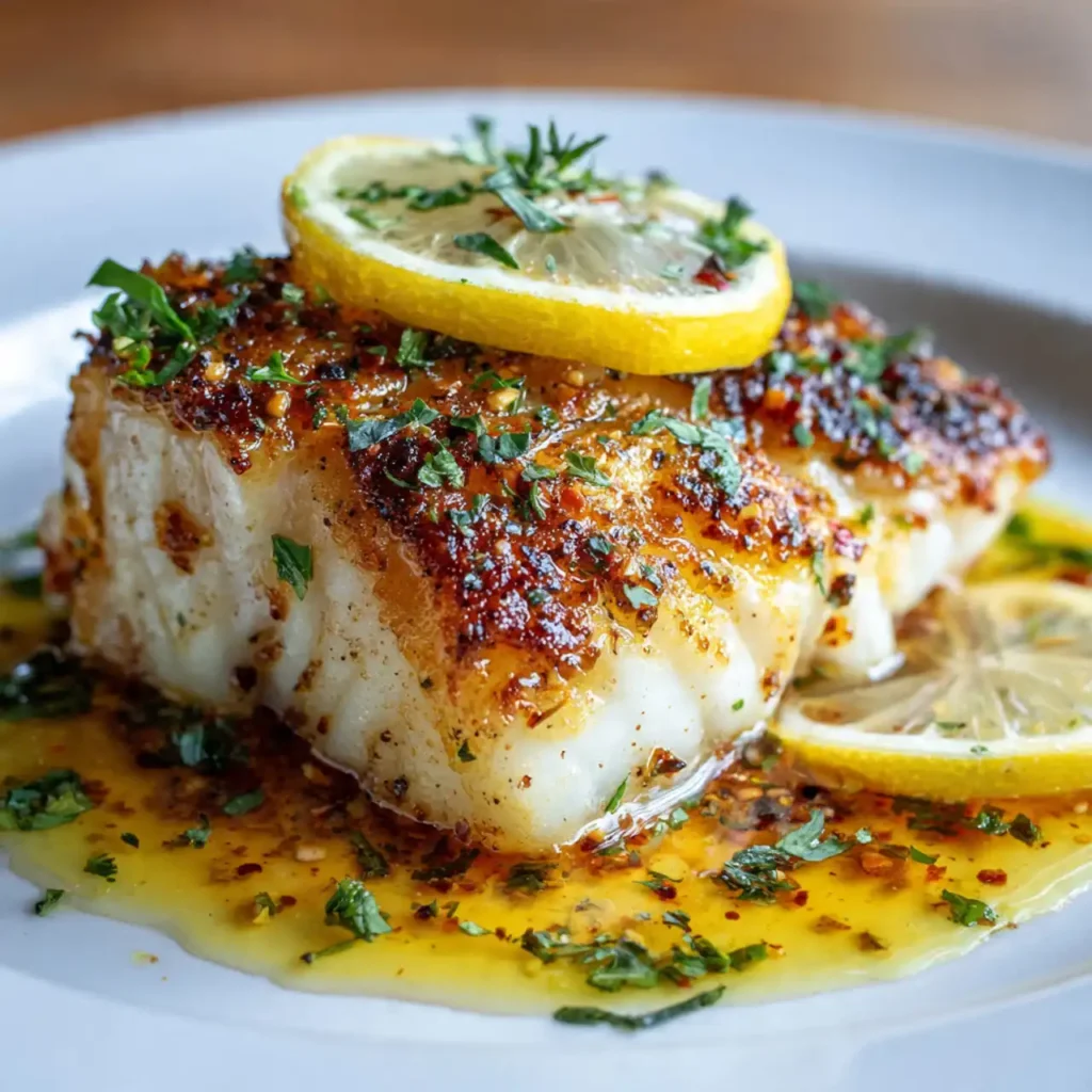Close-up of flaky baked lemon butter cod