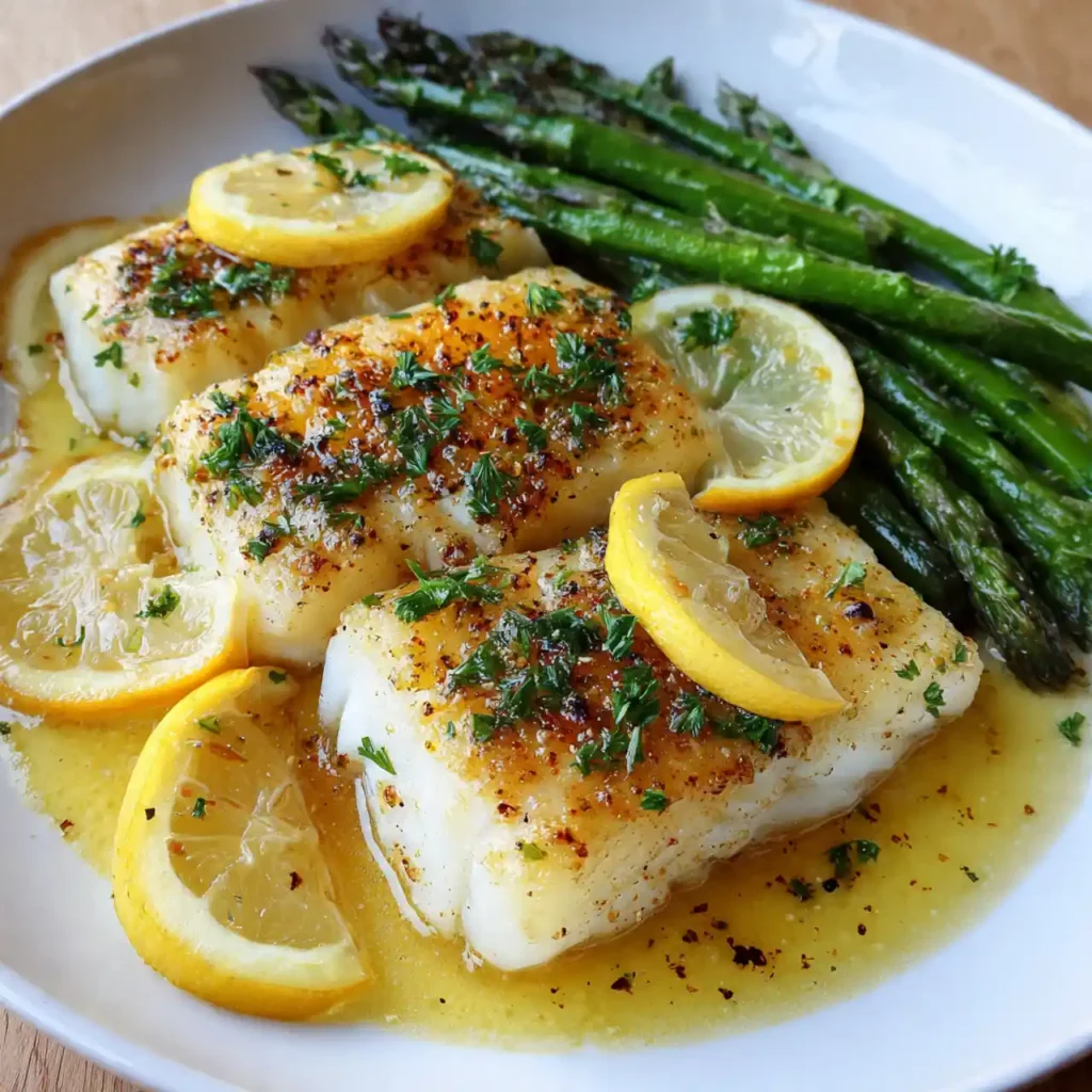 Baked lemon butter cod served with vegetables