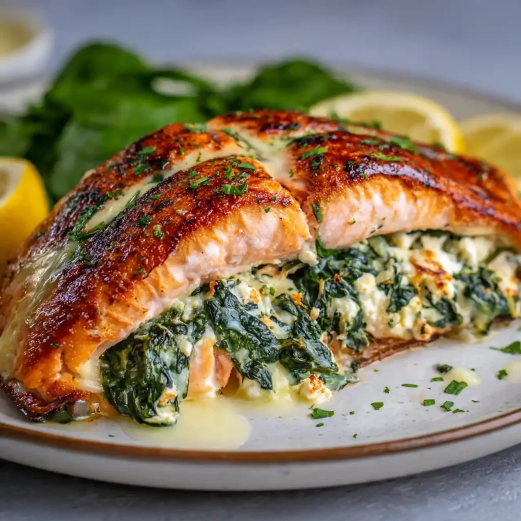 baked stuffed salmon with spinach and feta served