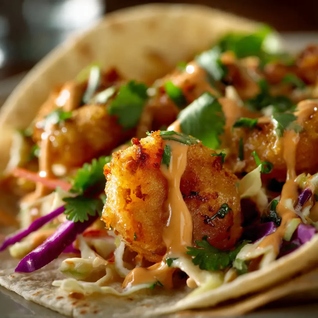 Close-up of bang bang shrimp taco