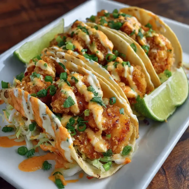Bang bang shrimp tacos with creamy sauce and fresh slaw