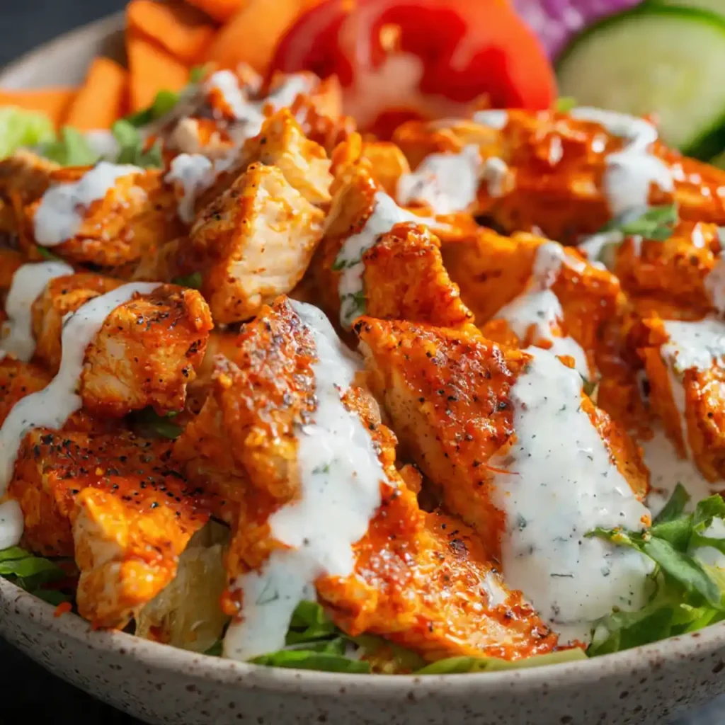 buffalo chicken protein bowl close up