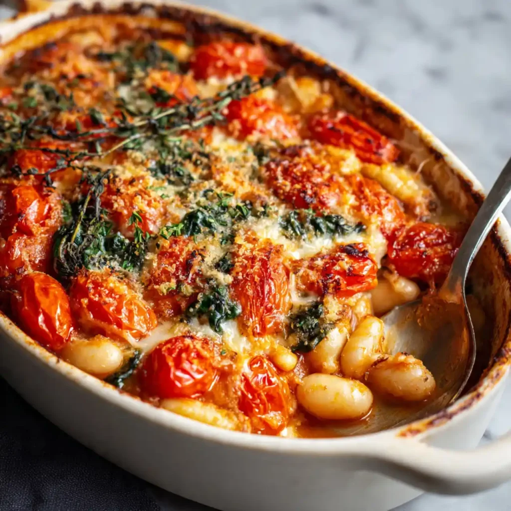 melted cheese on tomato white bean bake