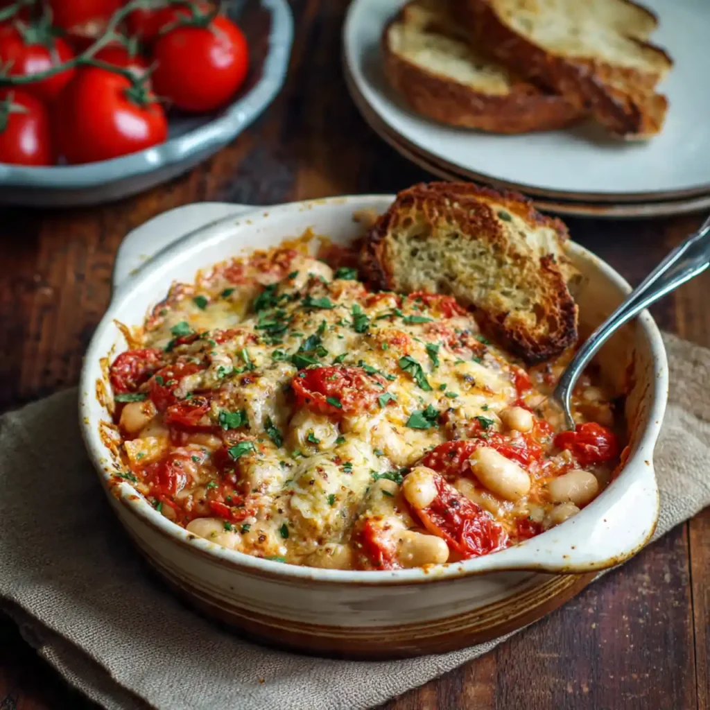 cheesy tomato white bean bake with bread