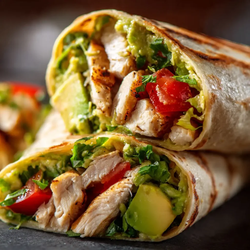close up of chicken avocado wrap filling