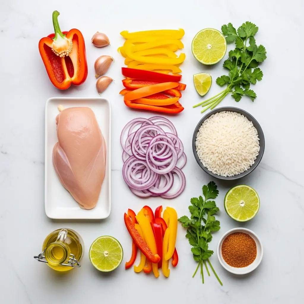 Ingredients for chicken fajita rice bowls