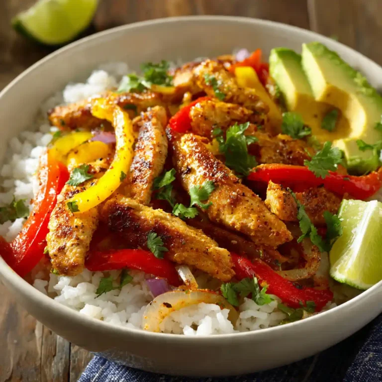 Chicken fajita rice bowls with peppers and avocado