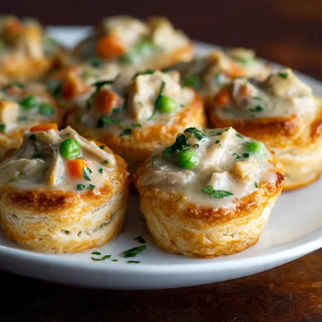 close up of chicken pot pie bite showing creamy filling