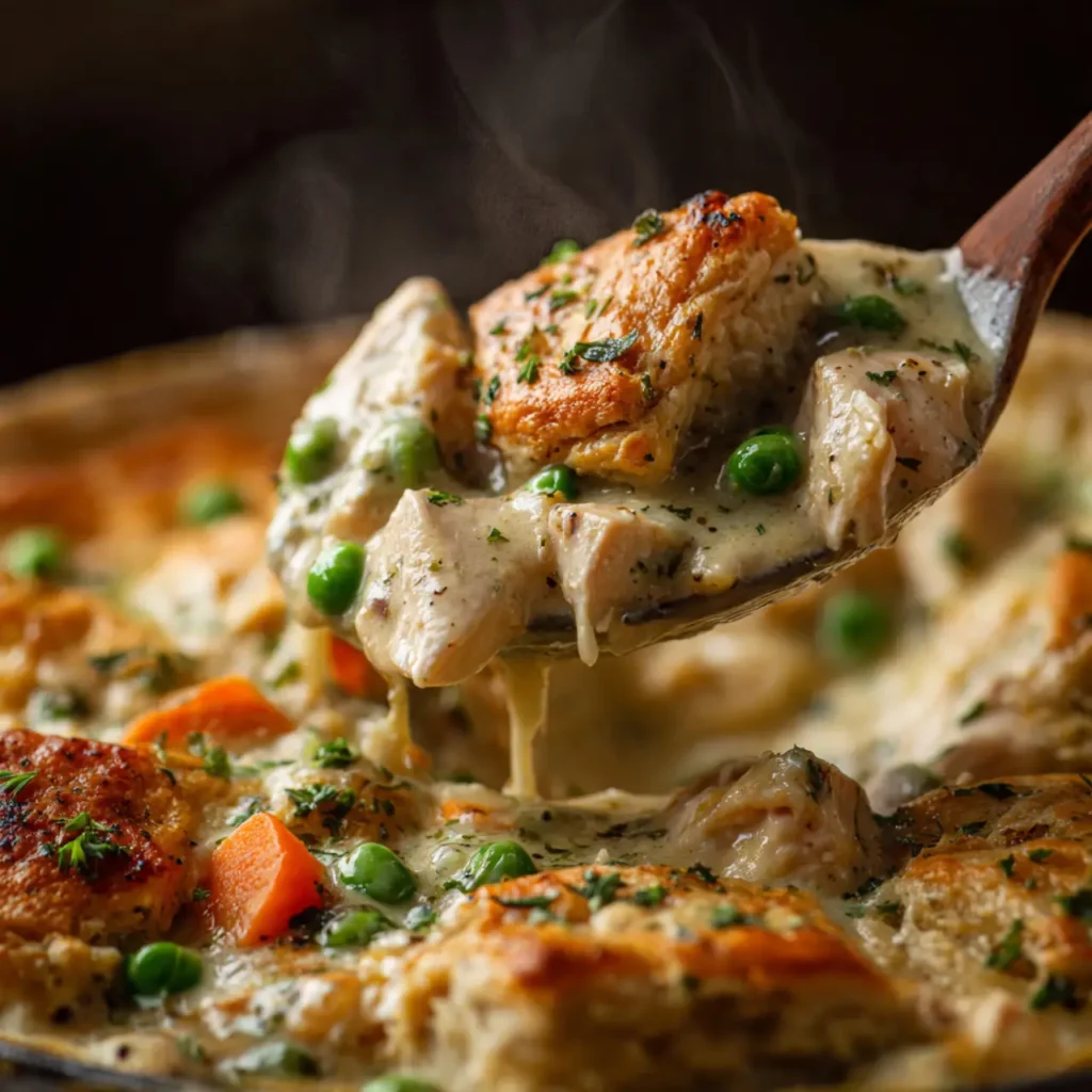 Close up of creamy chicken pot pie casserole