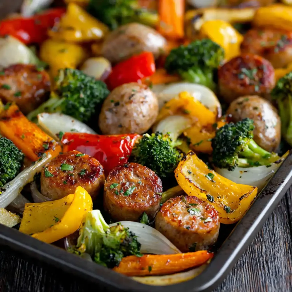 Close-up of roasted chicken sausage and vegetables